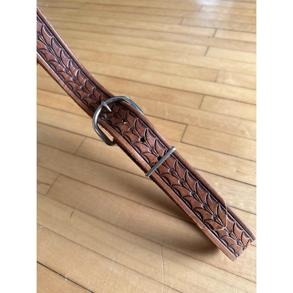 Unbranded‎ 1.25" Tooled Leather Belt Brown 30.5-34.5"